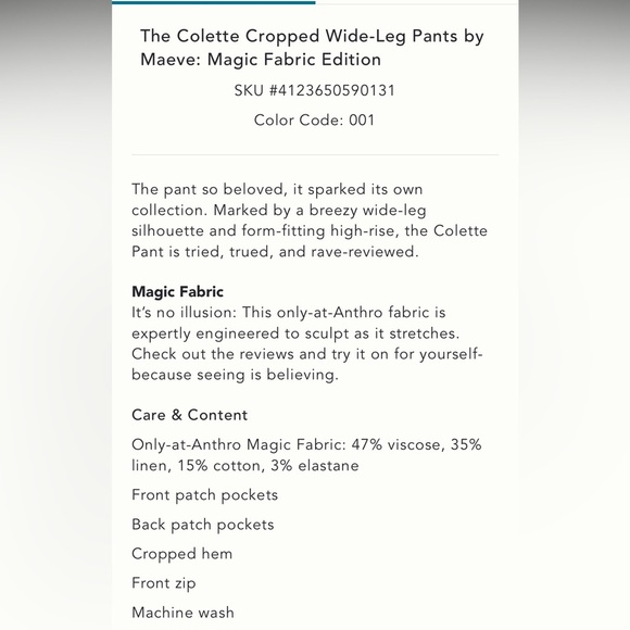 Anthropologie The Colette Cropped Wide-Leg Pants Magic Fabric Size 27 NWT - Picture 3 of 15